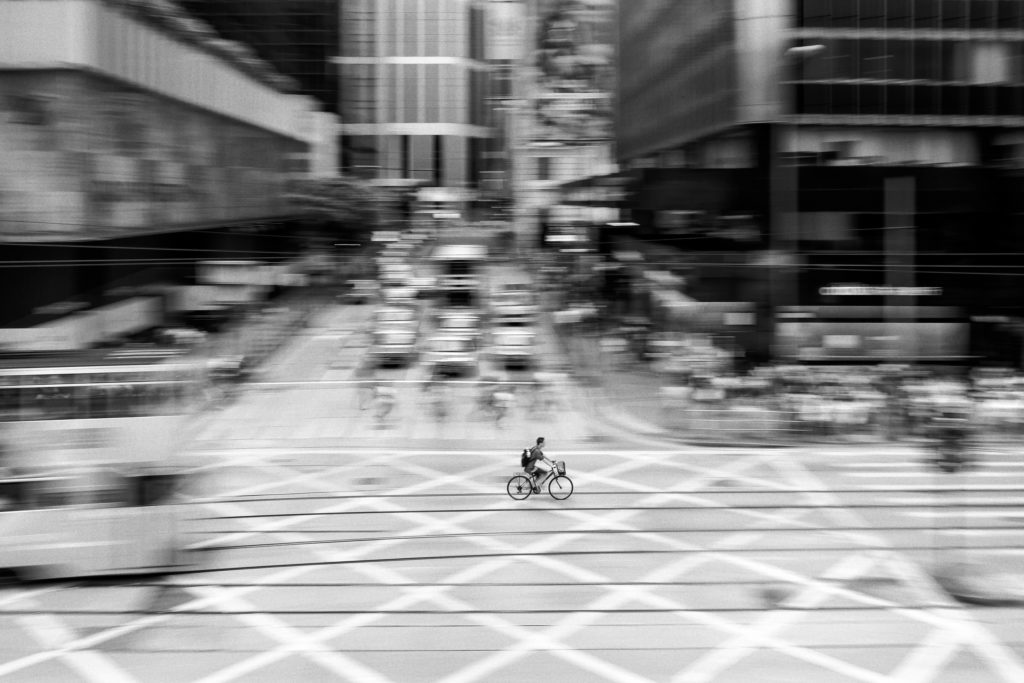 Black and white shot - Cycling in Hong Kong